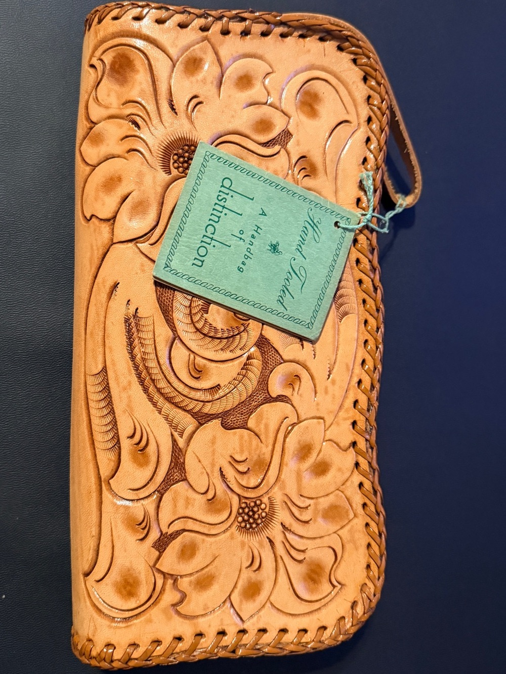 Hand-Tooled Floral Leather Wristlet Clutch - Tan